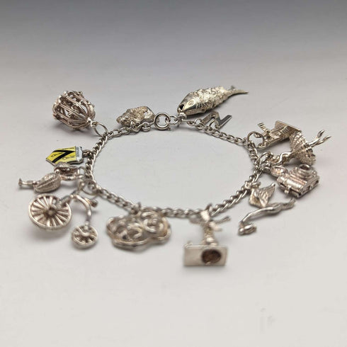British vintage sterling silver charm bracelet 35g
