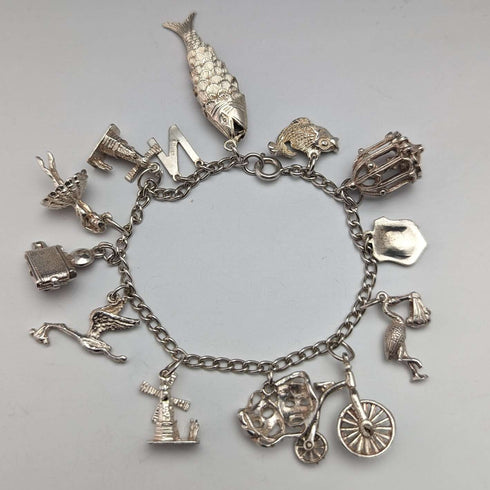 British vintage sterling silver charm bracelet 35g