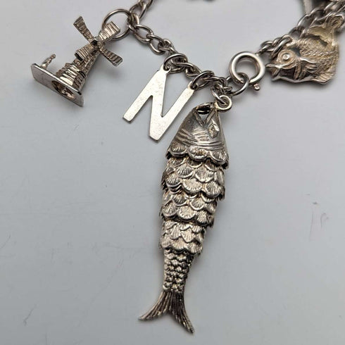British vintage sterling silver charm bracelet 35g