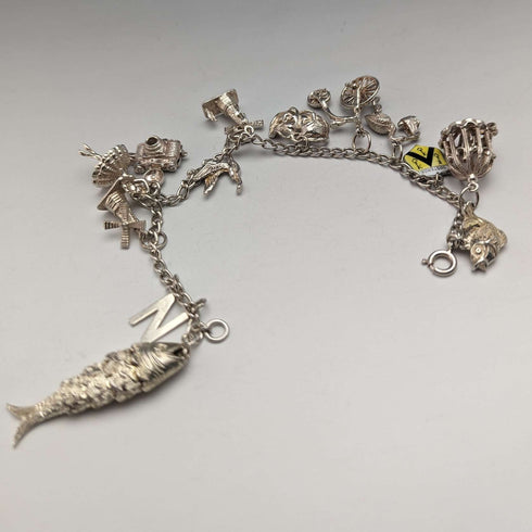 British vintage sterling silver charm bracelet 35g