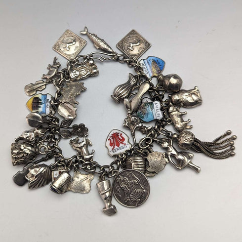 British vintage sterling silver charm bracelet 79g