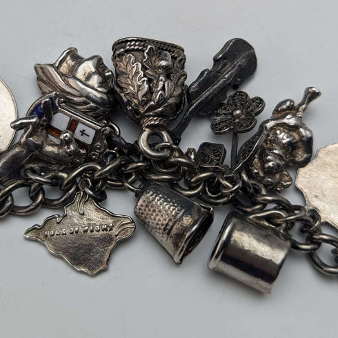 British vintage sterling silver charm bracelet 79g