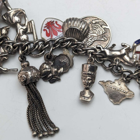 British vintage sterling silver charm bracelet 79g