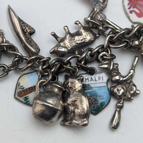 British vintage sterling silver charm bracelet 79g