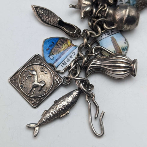 British vintage sterling silver charm bracelet 79g