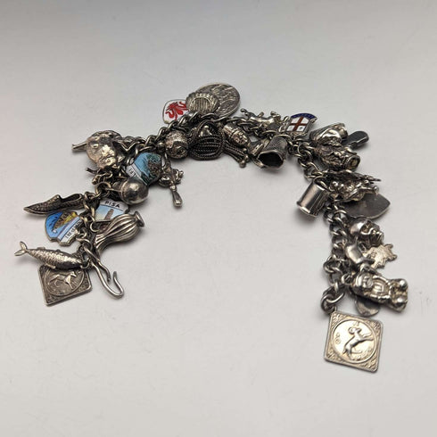 British vintage sterling silver charm bracelet 79g