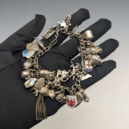 British vintage sterling silver charm bracelet 79g