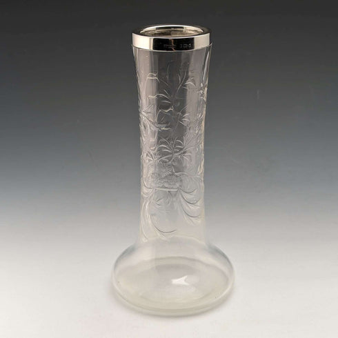 1901 British Antique Sterling Silver Decorated Etched Glass Vase Johnson Durban