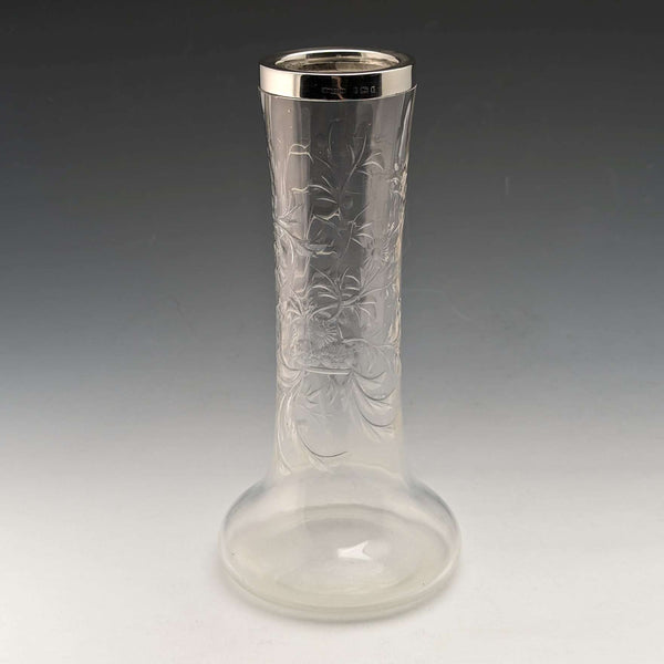 1901 British Antique Sterling Silver Decorated Etched Glass Vase Johnson Durban