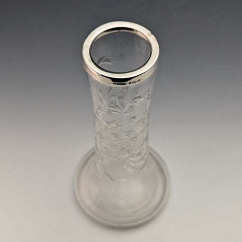 1901 British Antique Sterling Silver Decorated Etched Glass Vase Johnson Durban