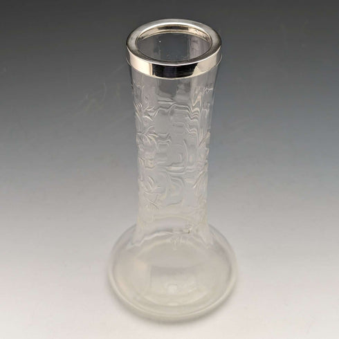 1901 British Antique Sterling Silver Decorated Etched Glass Vase Johnson Durban