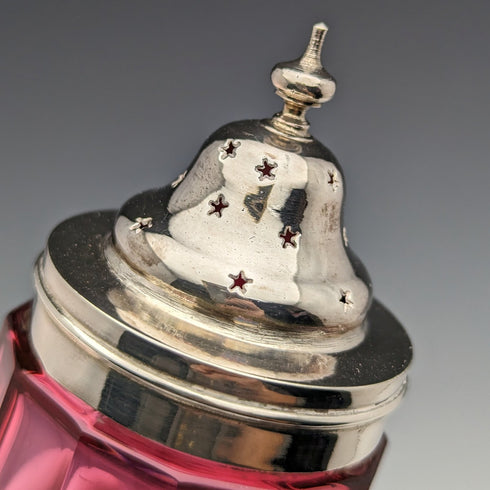 British antique cranberry cut glass & silver plate spice container
