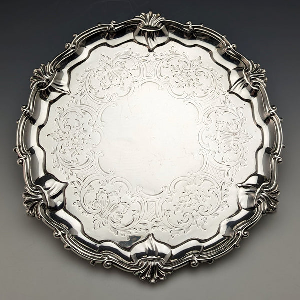 1861 British Antique Sterling Silver Salva Card Tray Diameter 23cm 358g Edward & John Barnard