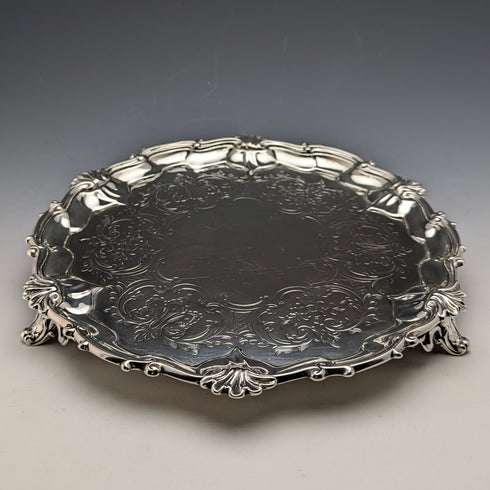 1861年 英国アンティーク 純銀製サルヴァ カードトレイ 直径23cm 358g Edward & John Barnard