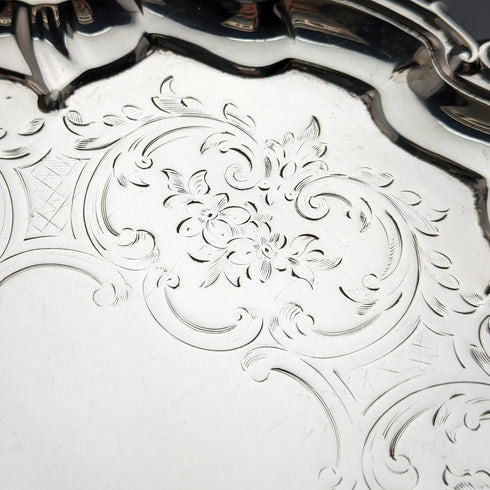 1861年 英国アンティーク 純銀製サルヴァ カードトレイ 直径23cm 358g Edward & John Barnard