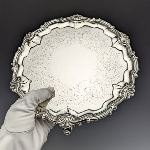 1861年 英国アンティーク 純銀製サルヴァ カードトレイ 直径23cm 358g Edward & John Barnard