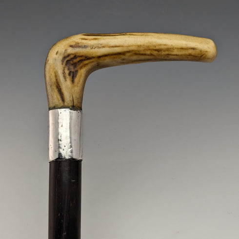 約 1900 年英國古董男士手杖純銀裝飾鹿角手柄棕色軸 85.5 厘米