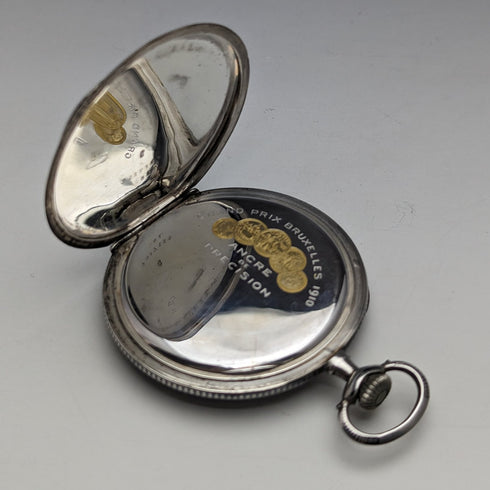 Circa 1920 Antique Swiss Escasany pocket watch Niero decoration silver side thin case Good working condition