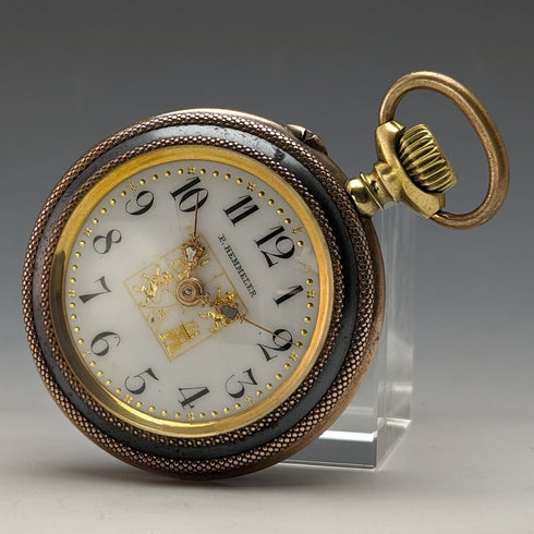 1900年頃 アンティーク Paul Hemmeler 懐中時計 金張り&ガンメタルケース クリスタルバック 動作良好