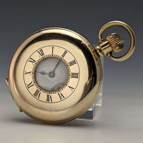 Circa 1915 American antique Waltham pocket watch Dennison case gold-plated half hunter refurbished