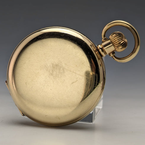 Circa 1915 American antique Waltham pocket watch Dennison case gold-plated half hunter refurbished
