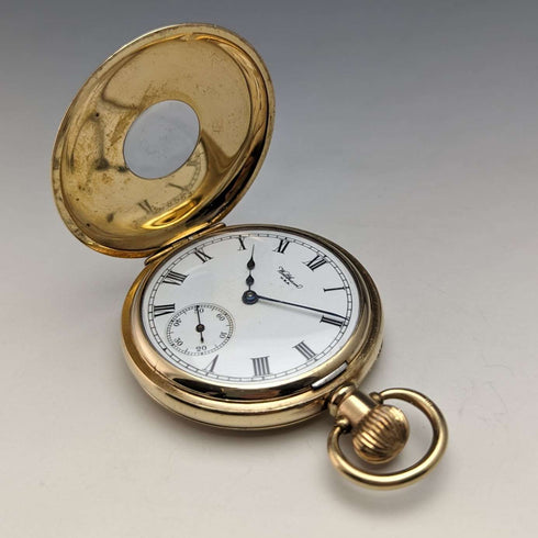 Circa 1915 American antique Waltham pocket watch Dennison case gold-plated half hunter refurbished