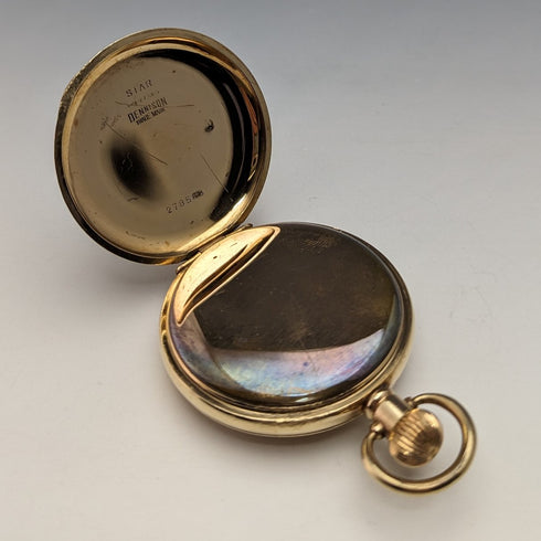 Circa 1915 American antique Waltham pocket watch Dennison case gold-plated half hunter refurbished