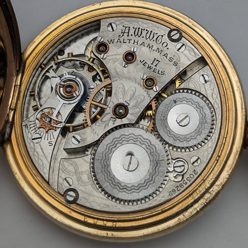 Circa 1915 American antique Waltham pocket watch Dennison case gold-plated half hunter refurbished