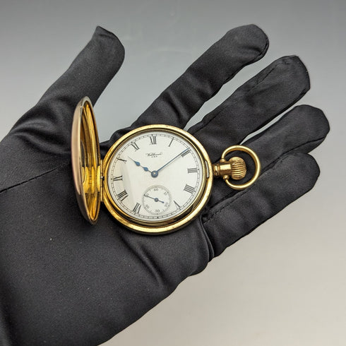 Circa 1915 American antique Waltham pocket watch Dennison case gold-plated half hunter refurbished