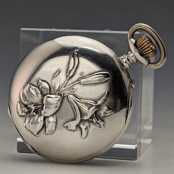 Circa 1900 Antique Swiss Escasany ladies pocket watch with flower engraving silver side case in good working order