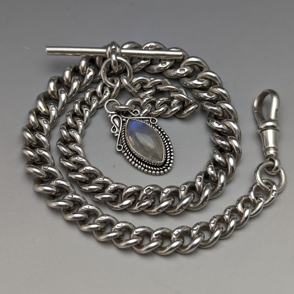 1929 British Vintage Sterling Silver Albert Chain 48g Moonstone Fob