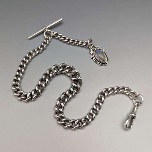1929 British Vintage Sterling Silver Albert Chain 48g Moonstone Fob