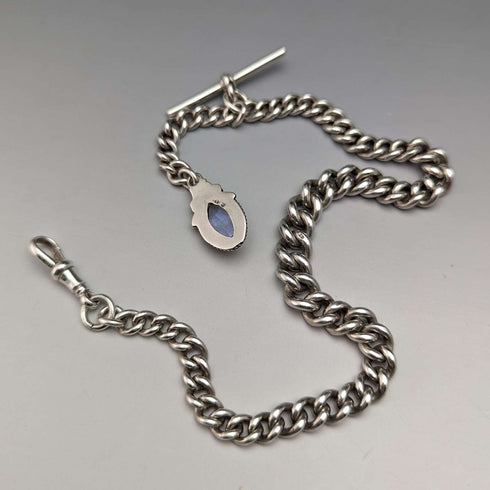 1929 British Vintage Sterling Silver Albert Chain 48g Moonstone Fob