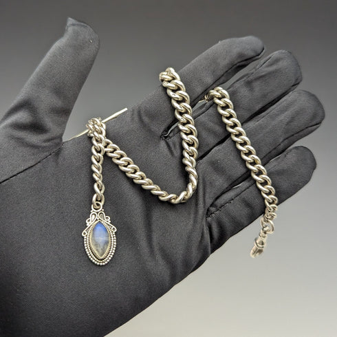 1929年 英国ヴィンテージ 純銀製アルバートチェーン 48g ムーンストーンフォブ