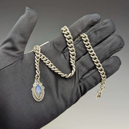 1929 British Vintage Sterling Silver Albert Chain 48g Moonstone Fob