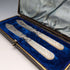 Late 19th Century British Antique White Pearl Handle Butter Knife Pair John Sanderson Case Included