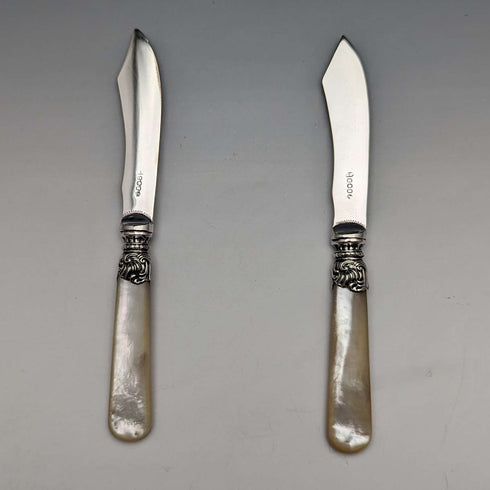 Late 19th Century British Antique White Pearl Handle Butter Knife Pair John Sanderson Case Included