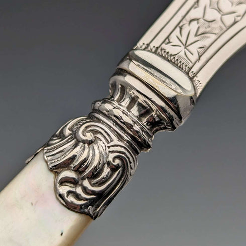 Late 19th Century British Antique White Pearl Handle Butter Knife Pair John Sanderson Case Included