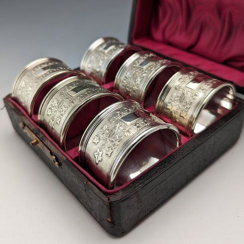 19世紀末頃 英国アンティーク シルバープレート製 ナプキンリング 6個セット ケース入り