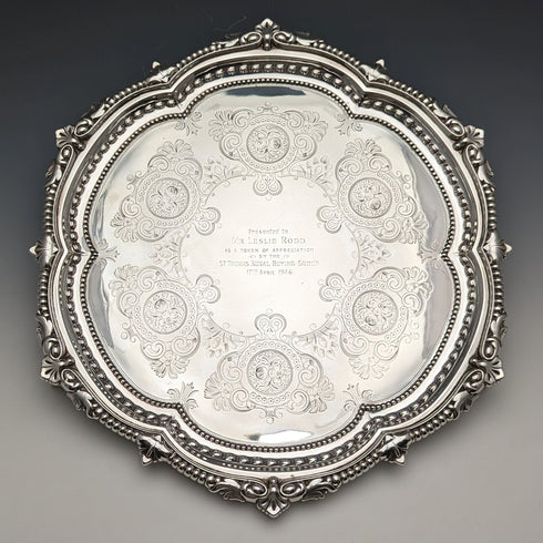 1903 British Antique Sterling Silver Salva Tray Diameter 32cm 824g GOLDSMITHS & SILVERSMITHS