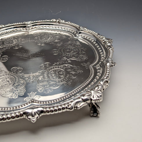 1903 British Antique Sterling Silver Salva Tray Diameter 32cm 824g GOLDSMITHS & SILVERSMITHS