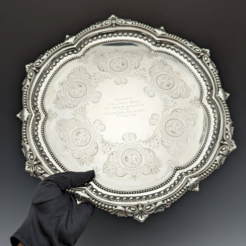1903 British Antique Sterling Silver Salva Tray Diameter 32cm 824g GOLDSMITHS & SILVERSMITHS