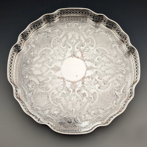 英國復古鍍銀圖庫托盤帶腿直徑 25 公分 Walker&Hall