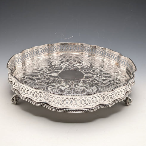 英國復古鍍銀圖庫托盤帶腿直徑 25 公分 Walker&Hall