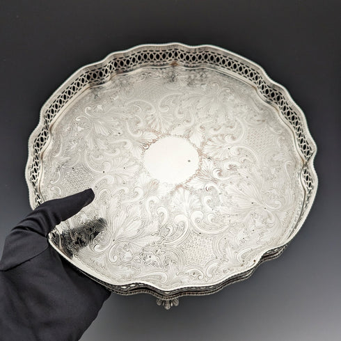 英國復古鍍銀圖庫托盤帶腿直徑 25 公分 Walker&Hall