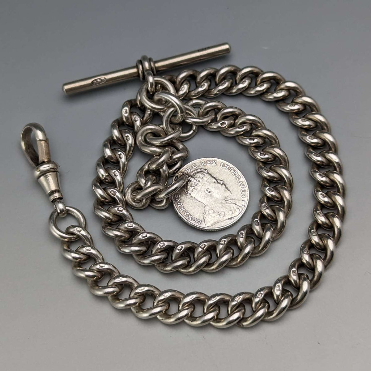 1909年 英国アンティーク 純銀製アルバートチェーン 54g カナダコイン