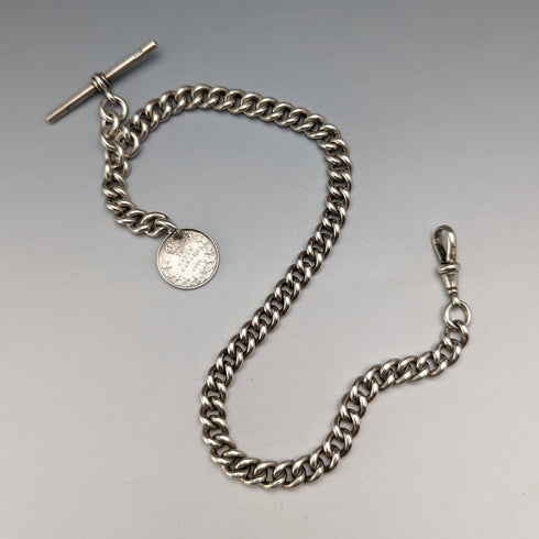 1909年 英国アンティーク 純銀製アルバートチェーン 54g カナダコインフォブ