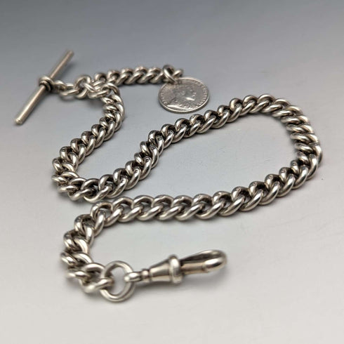 1909 British Antique Sterling Silver Albert Chain 54g Canadian Coin Fob