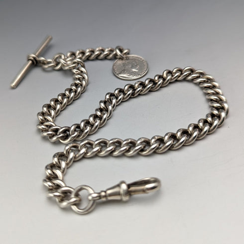 1909年 英国アンティーク 純銀製アルバートチェーン 54g カナダコインフォブ