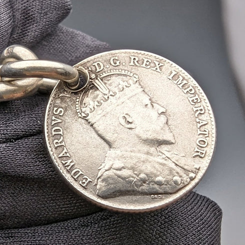 1909 British Antique Sterling Silver Albert Chain 54g Canadian Coin Fob